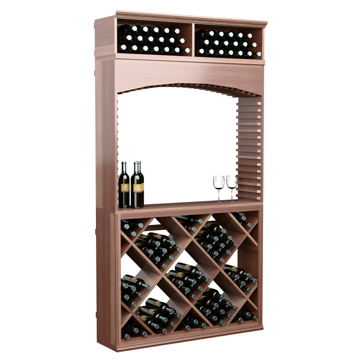 Dark wood wine tasting cabinet with archway, bottle racks, and top storage bins