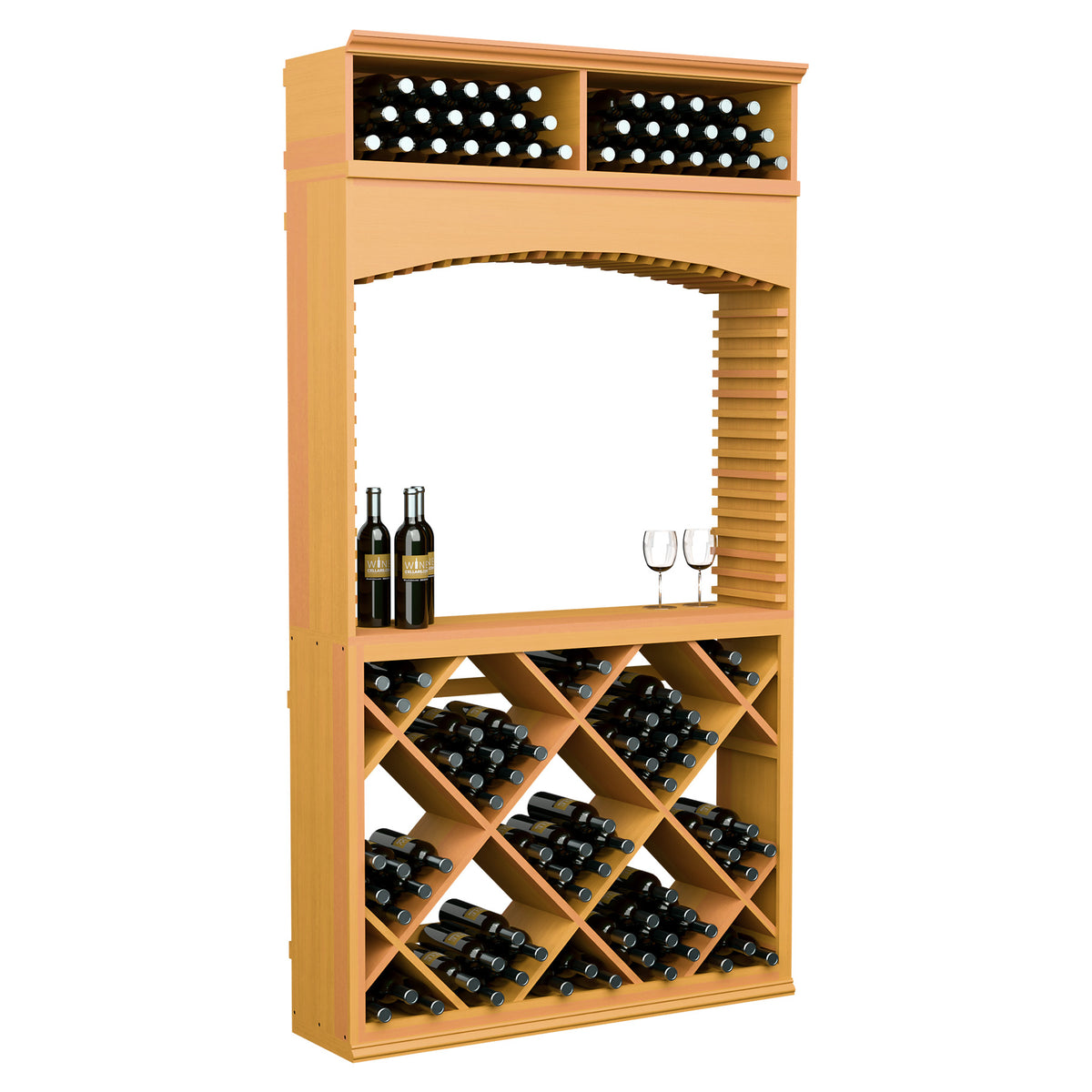 Honey-toned wine tasting cabinet with archway, bottle crisscross racks, top bins