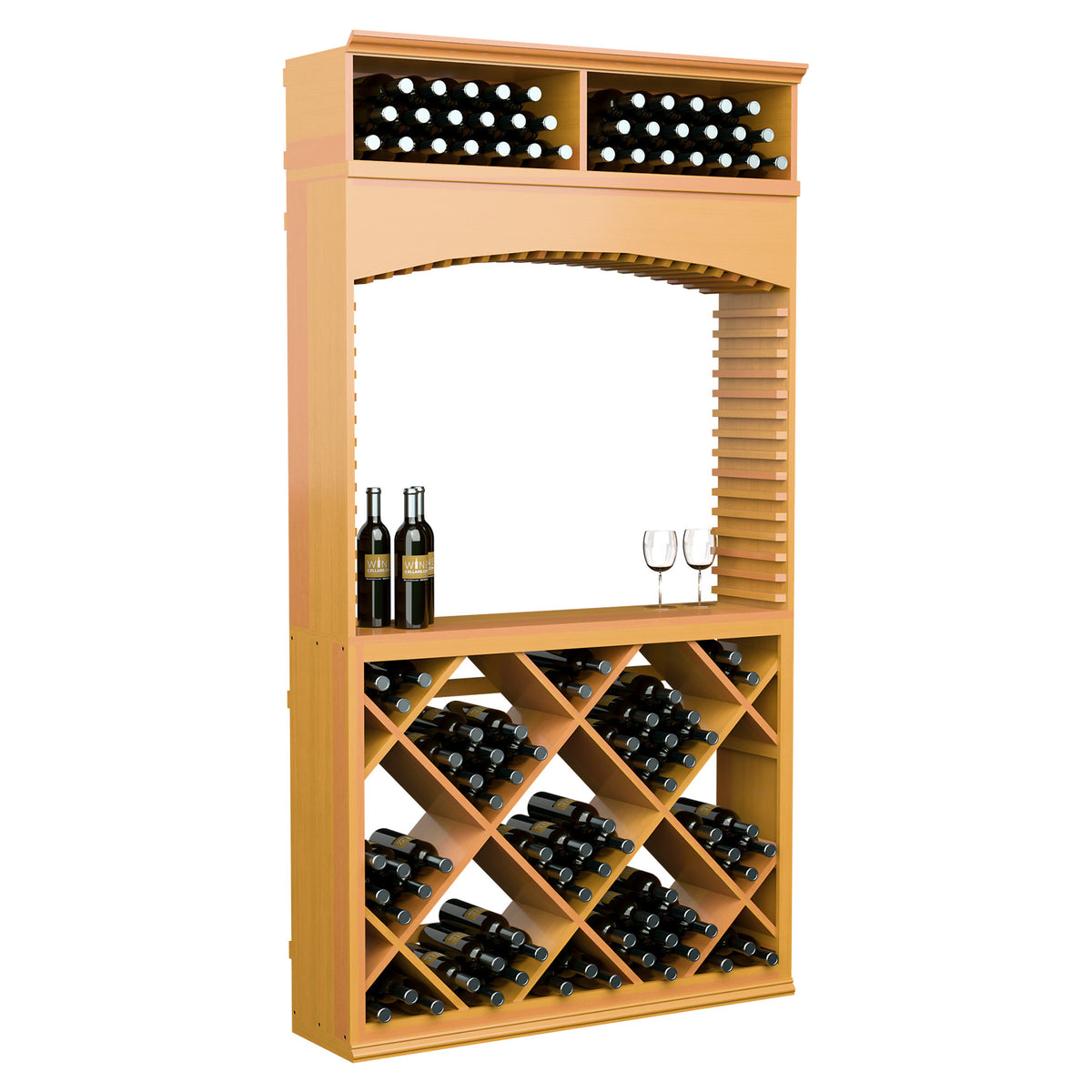 Honey-toned wine tasting cabinet with archway, bottle crisscross racks, top bins