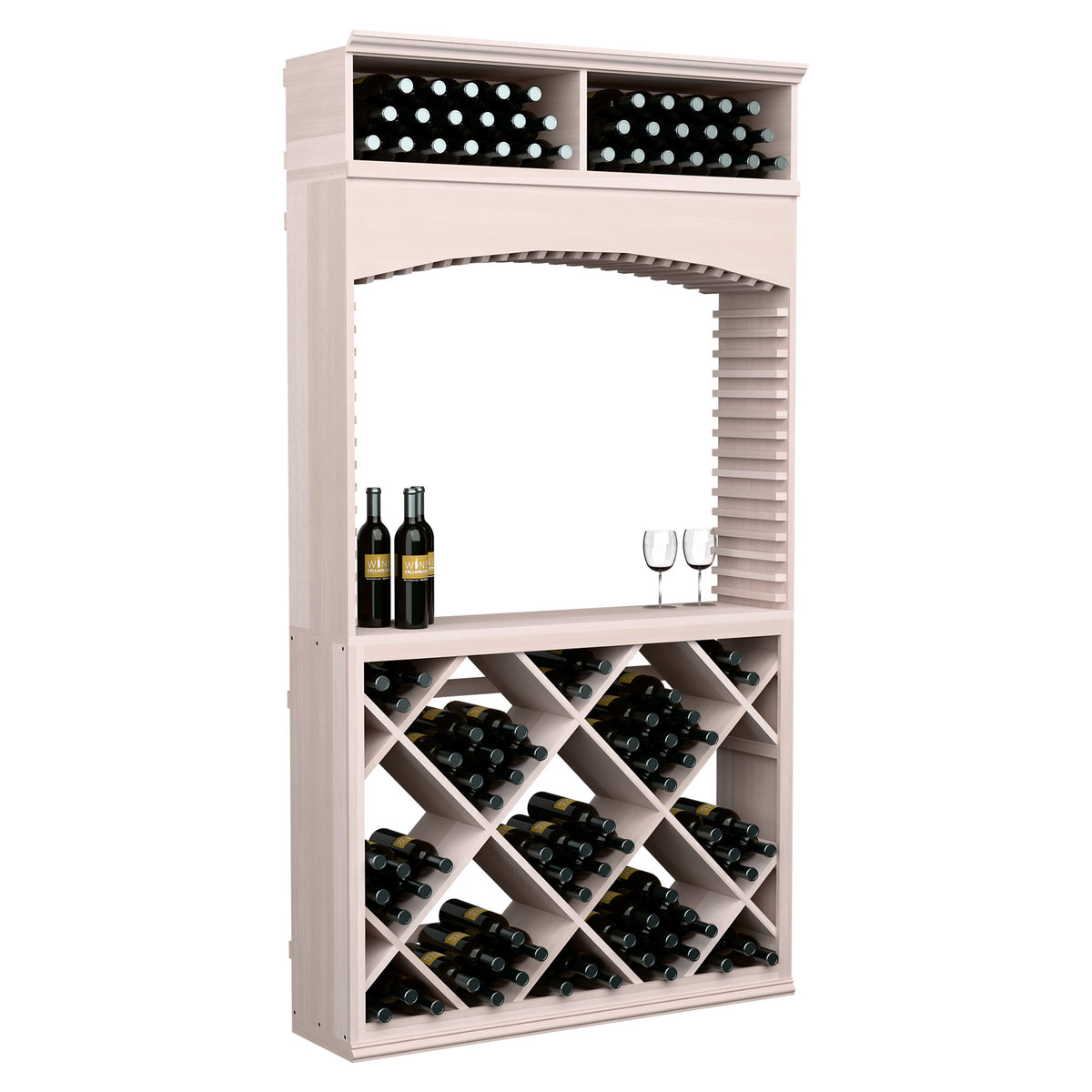 Light gray wine tasting cabinet with archway, bottle racks, and top storage bin