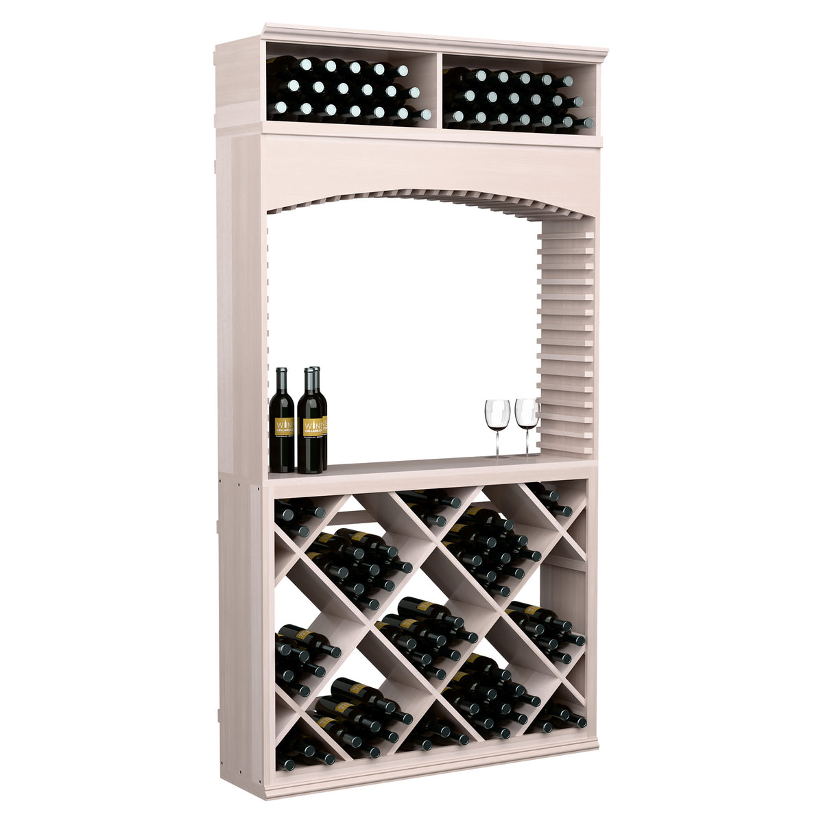 Light gray wine tasting cabinet with archway, bottle racks, and top storage bin