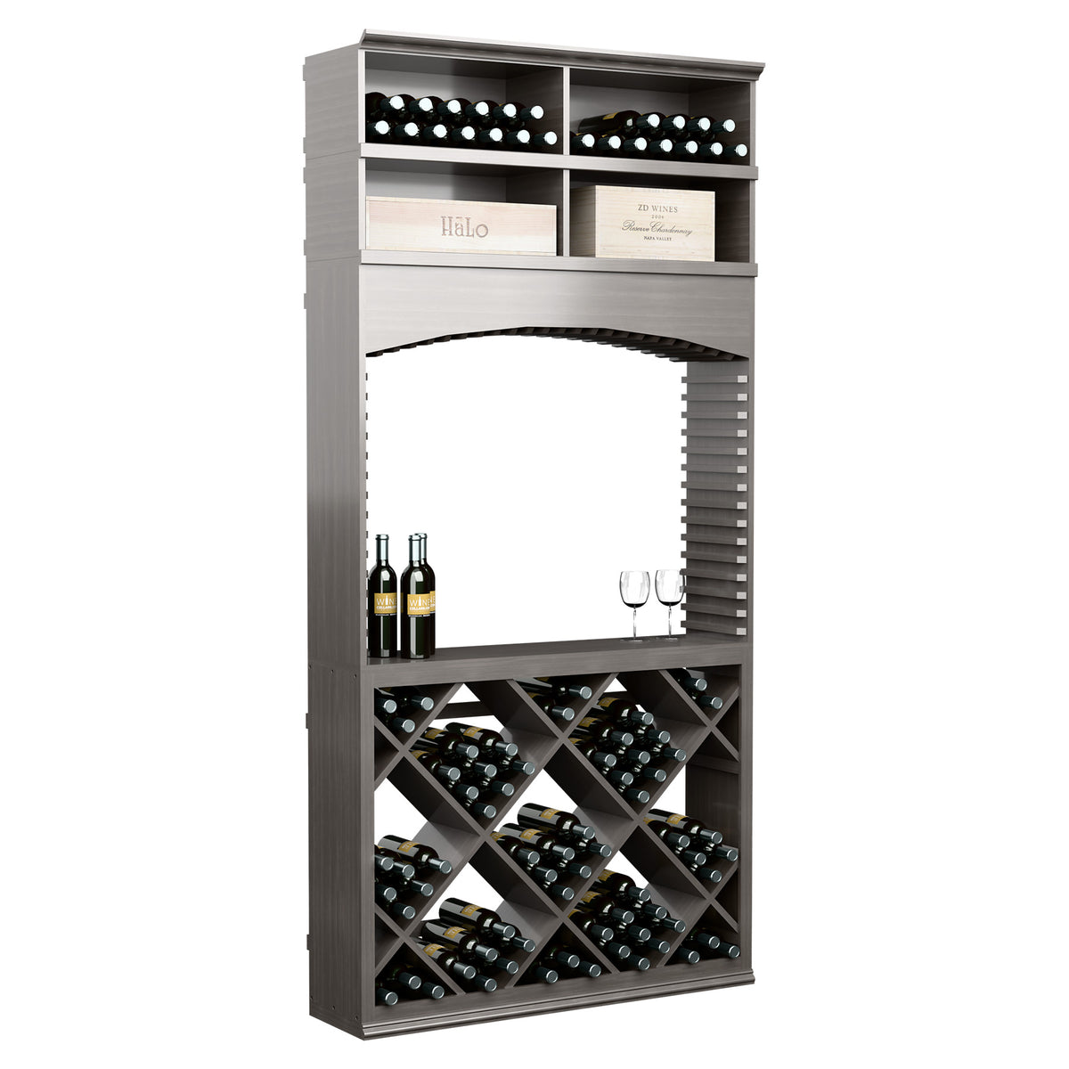 8ft wine tasting station with archway, dark gray wine bottle slots and diamond lattice shelves