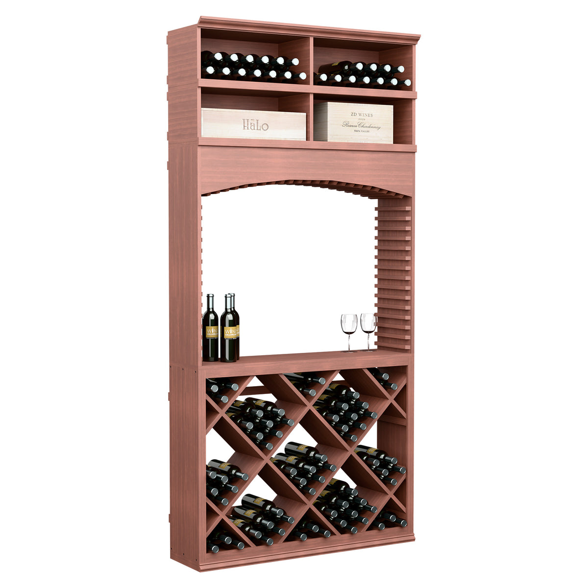 8ft wine tasting station with archway, reddish-brown diamond bottle racks and top wine display