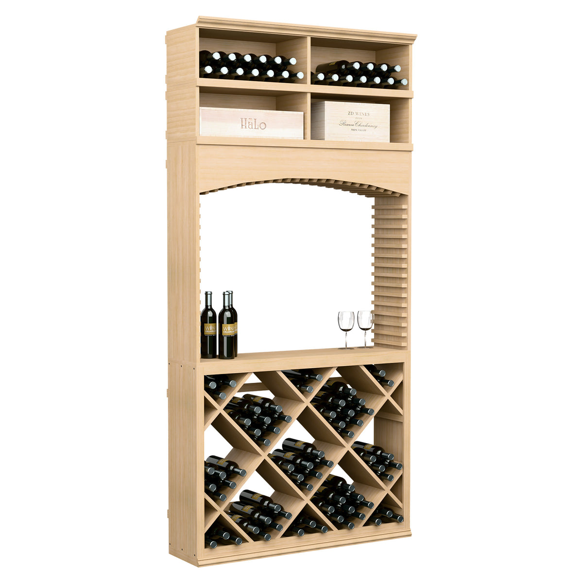8ft wine tasting station with archway, light wood diamond bottle racks and top wine display