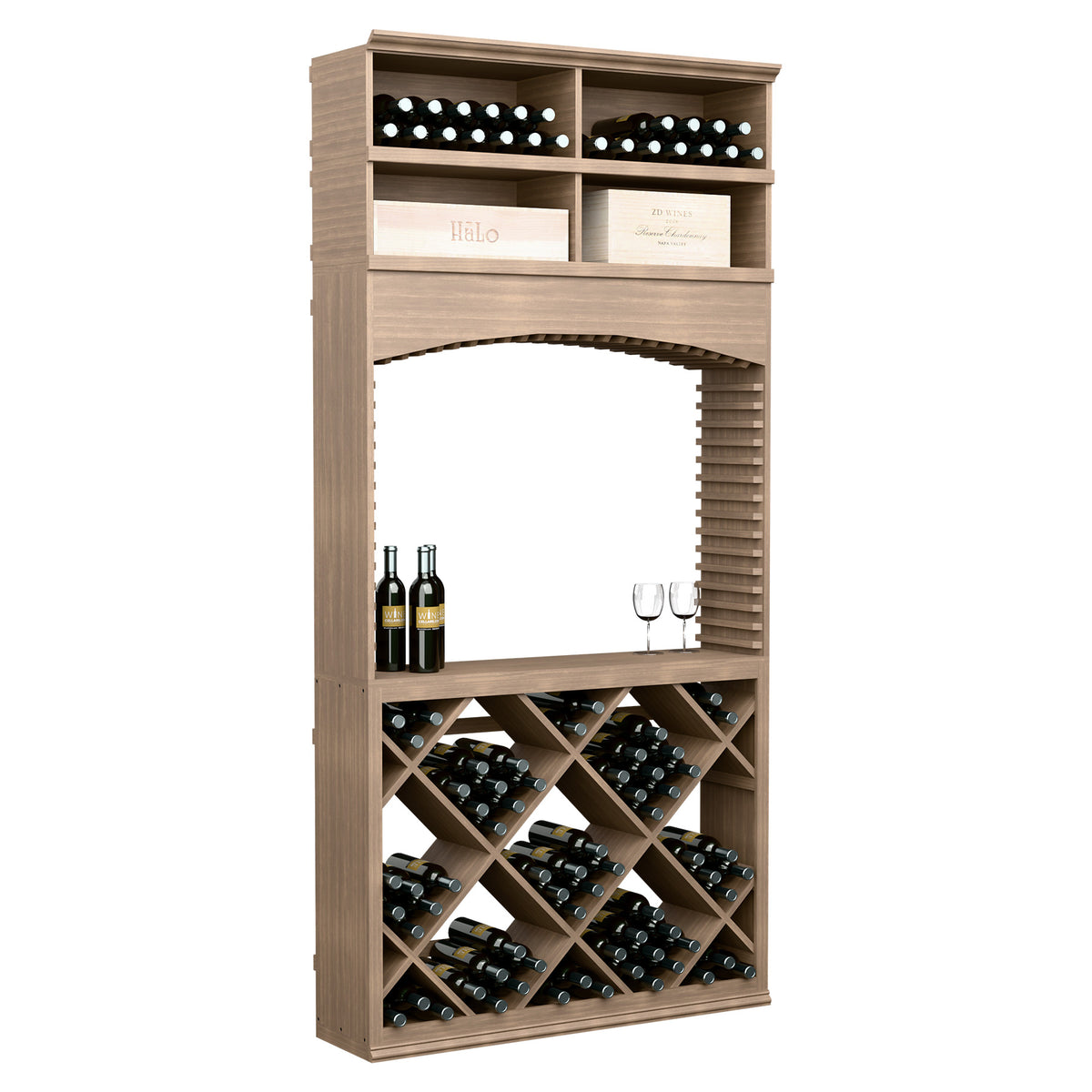 8ft wine tasting station with archway, light brown diamond bottle racks and top wine display