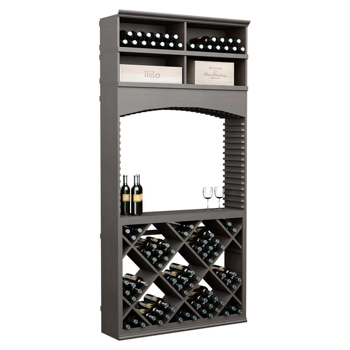 8ft wine tasting station with archway, dark gray diamond wine bottle racks and top display