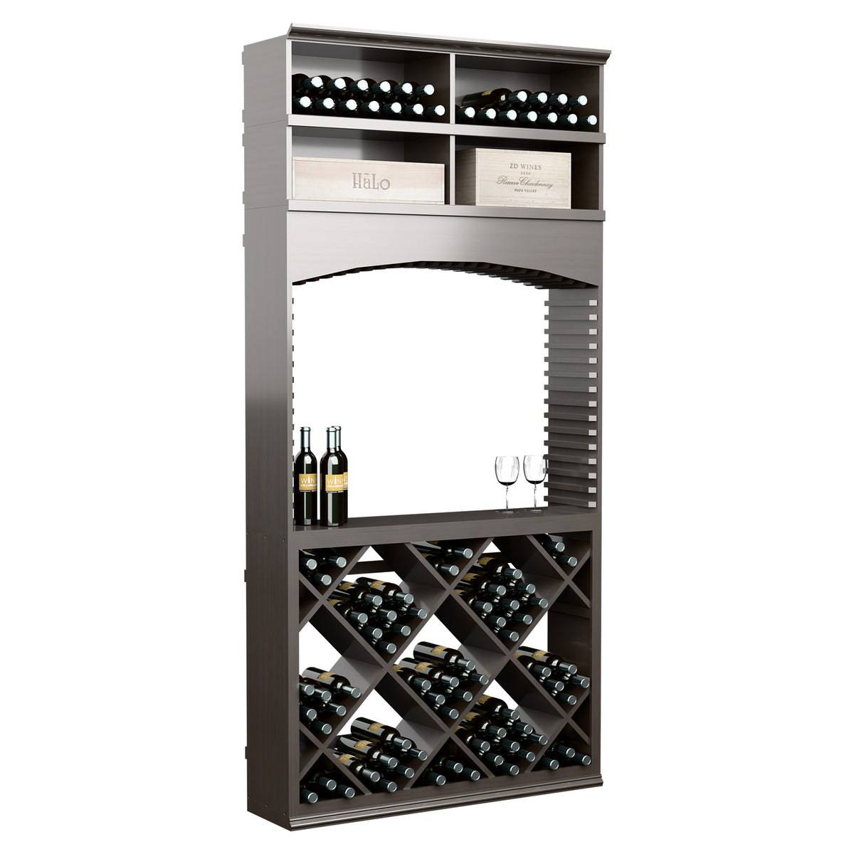 8ft wine tasting station with archway, dark gray wine bottle slots with diamond-pattern shelving