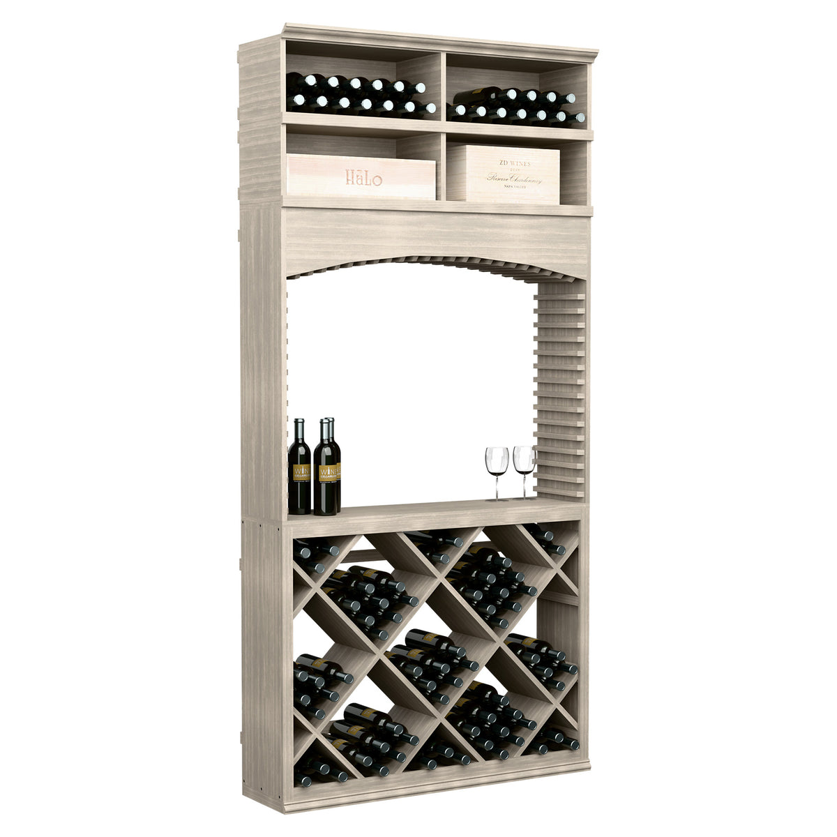 Light grey wooden wine tasting station with arch, bottle racks, and two wine glasses