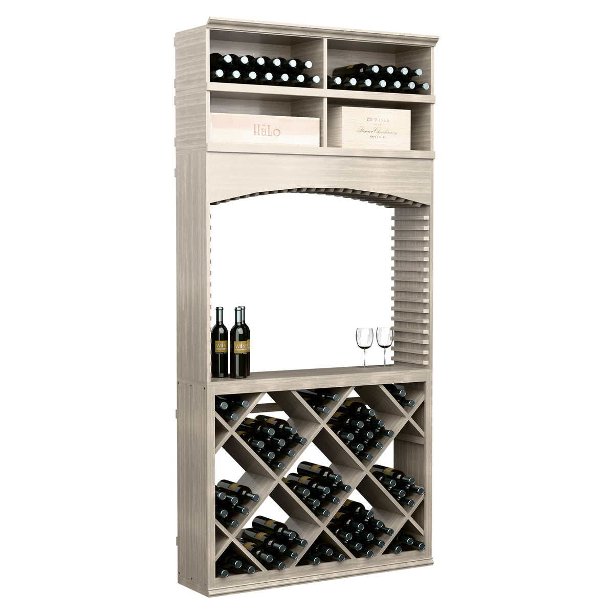 Light grey wooden wine tasting station with arch, diamond bottle racks, and two glasses