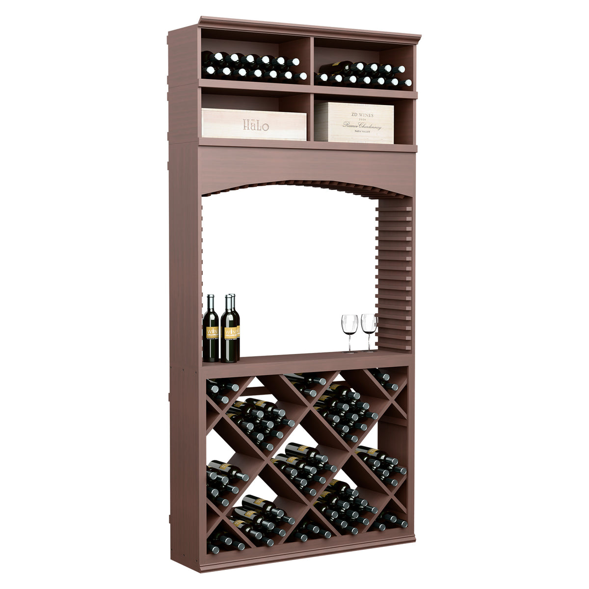 Dark brown wooden wine tasting station with arch, diamond bottle racks, and two glasses