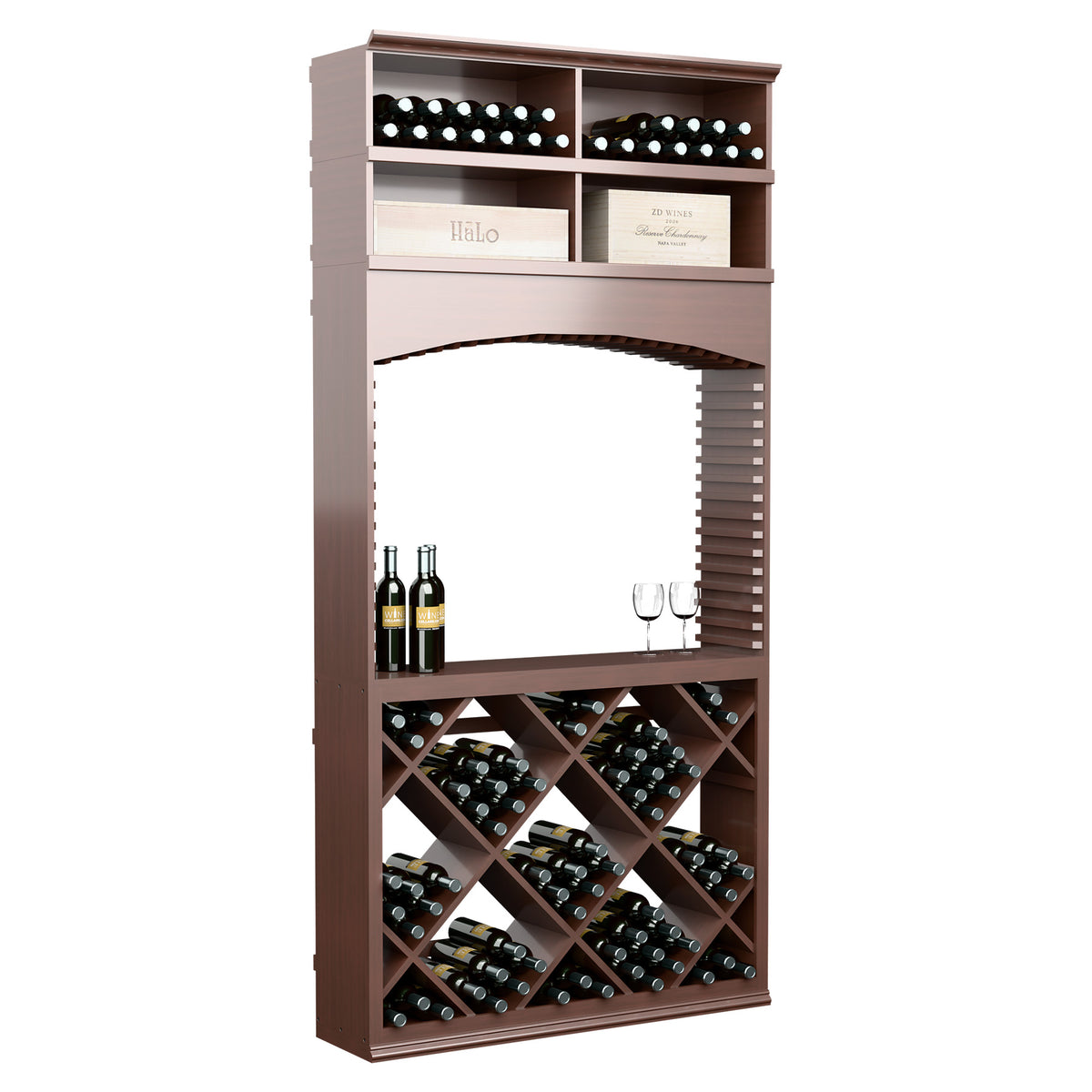 Dark brown wine tasting station with arch, diamond wine bottle racks, and two glasses