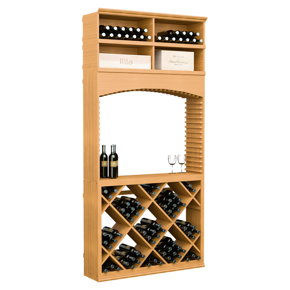 Light tan wooden wine tasting station with arch, diamond bottle racks, and two wine glasses
