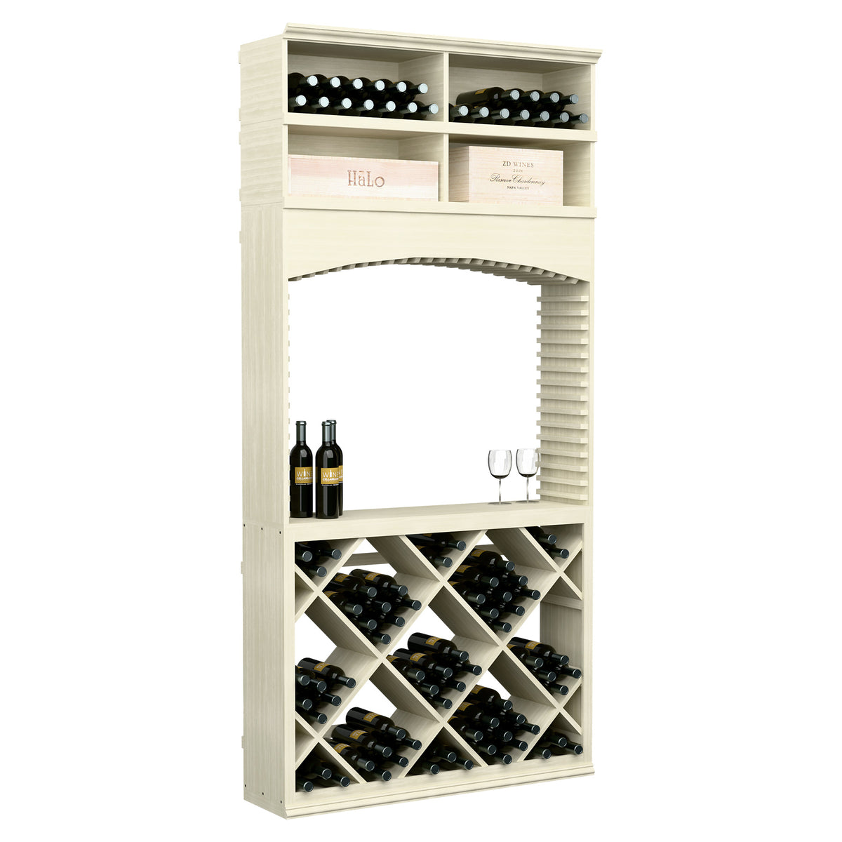 Whitewashed wooden wine tasting station with arch, diamond bottle racks, and two wine glasses
