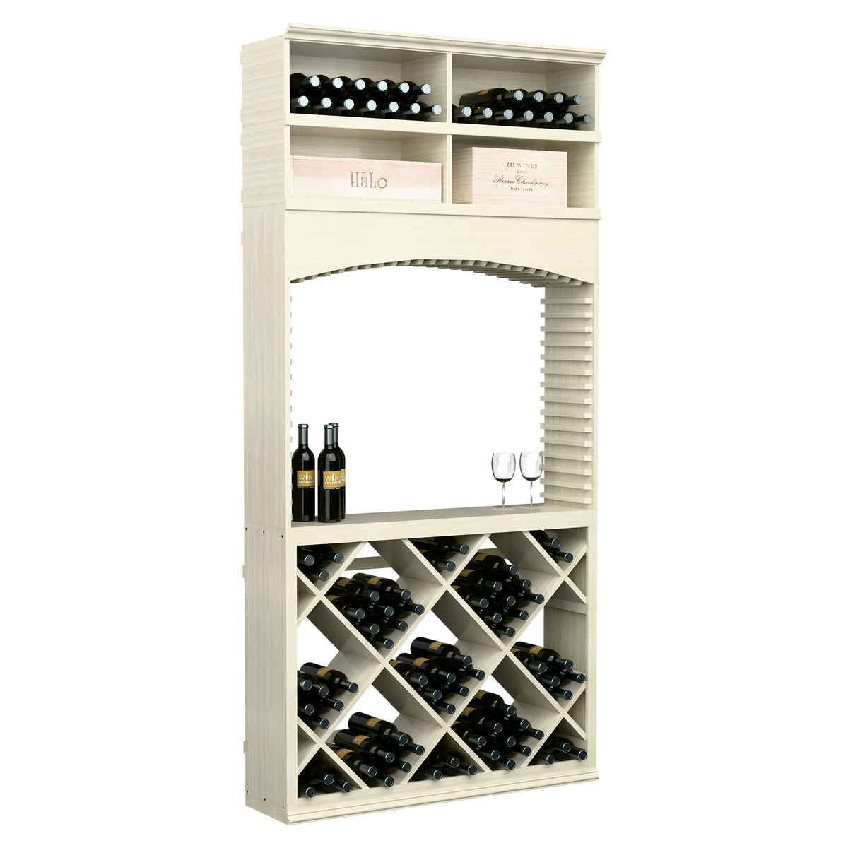 Whitewashed wooden wine tasting station with arch, bottle shelves, and two wine glasses