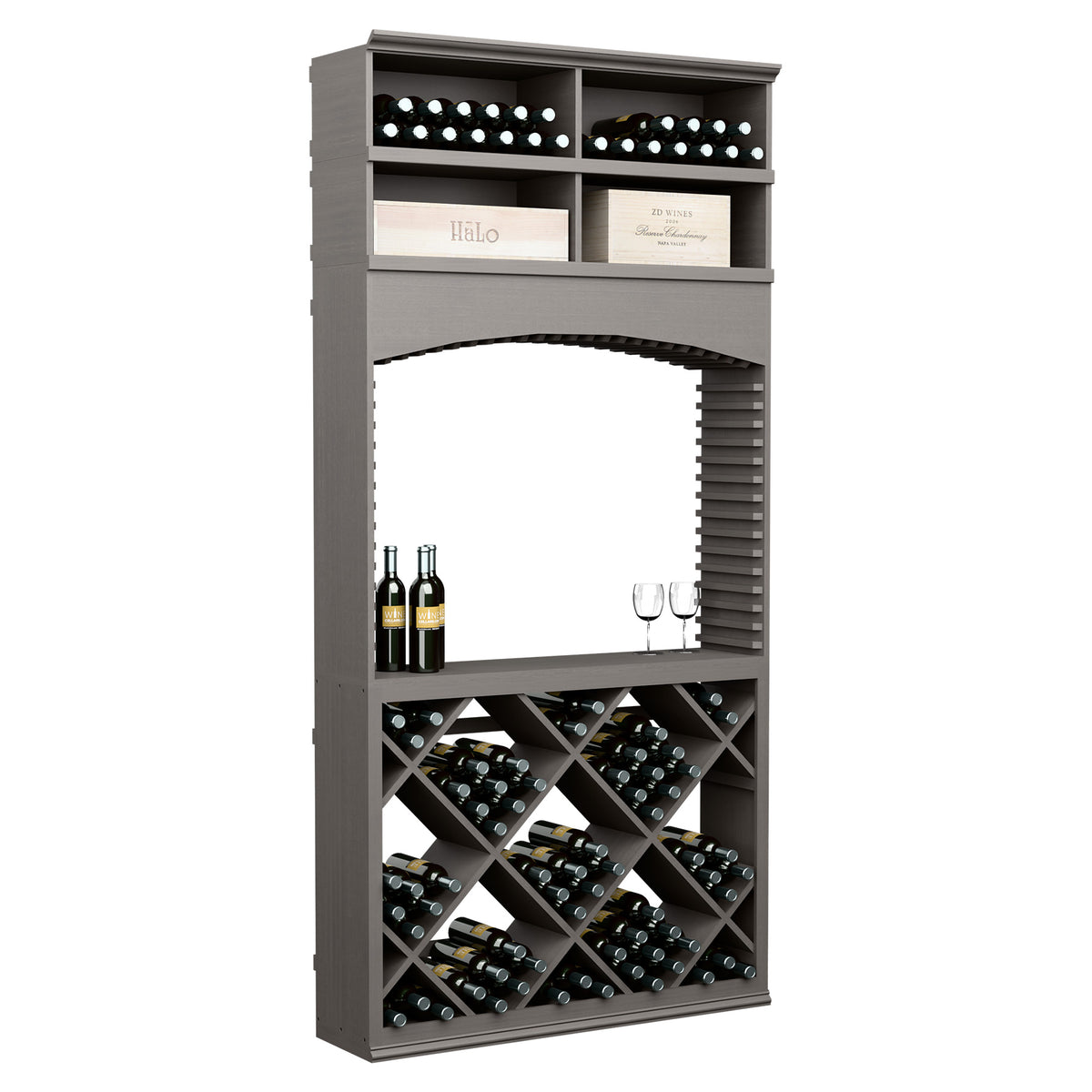 Gray wine tasting station with arch opening and diamond-pattern bottle racks