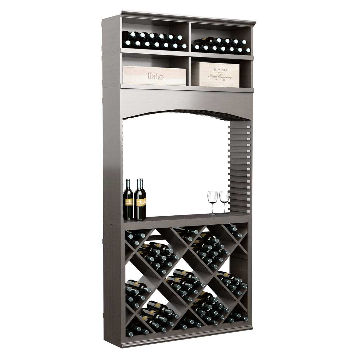 Gray wine tasting station with arch opening; top row bottles and diamond wine racks