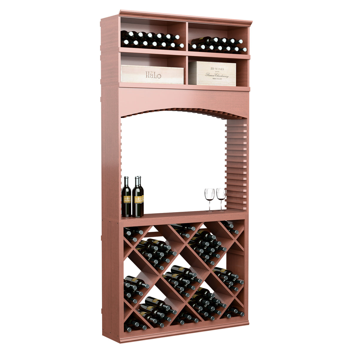 Red-brown wine tasting station with arch opening and diamond-pattern bottle racks
