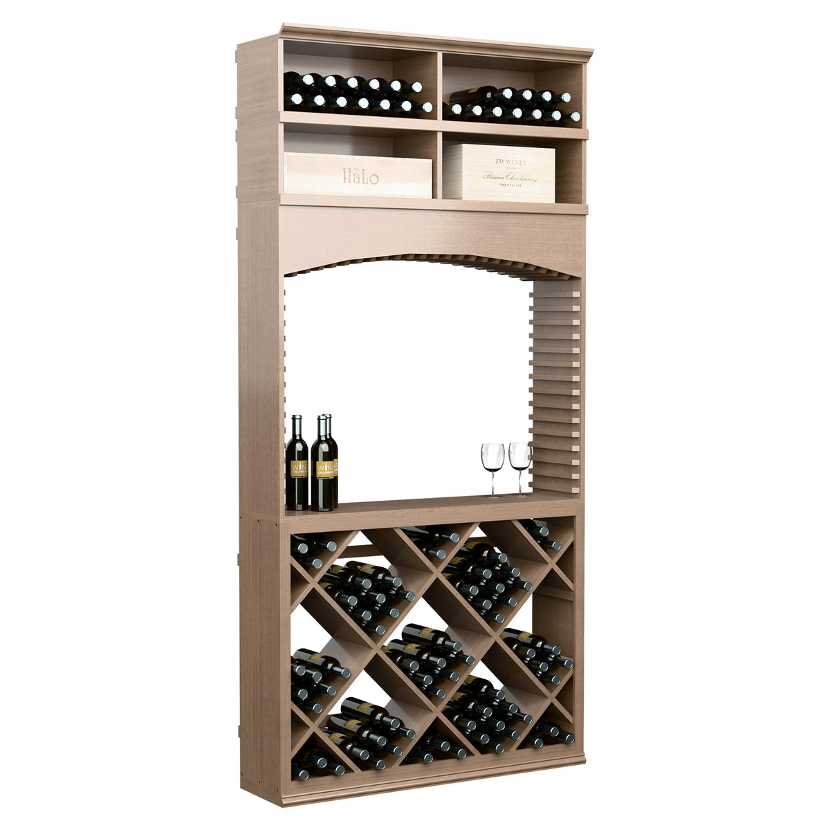 Warm brown wine tasting station with arch opening; top bottles and diamond wine racks