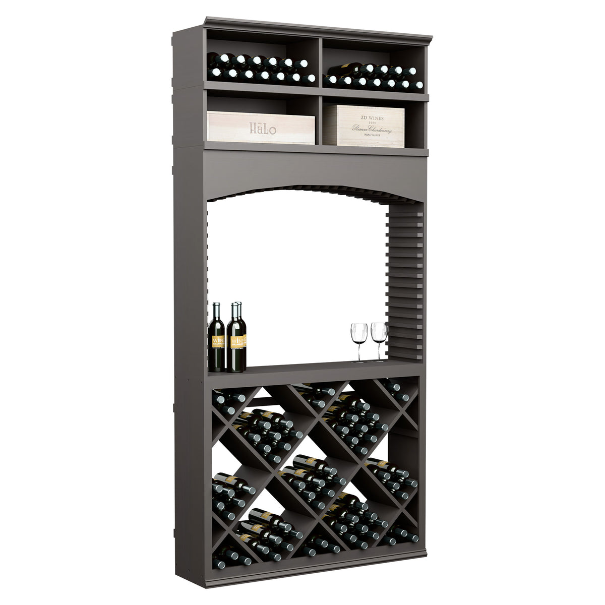 Dark gray wine tasting station with arch opening and diamond-pattern bottle racks