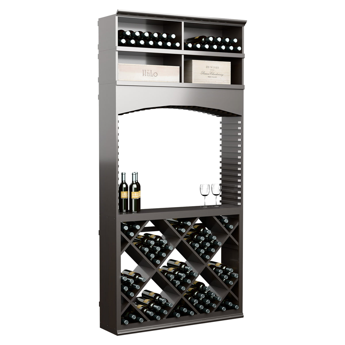 Dark gray wine tasting station with arch opening; top wine display and diamond bottle racks