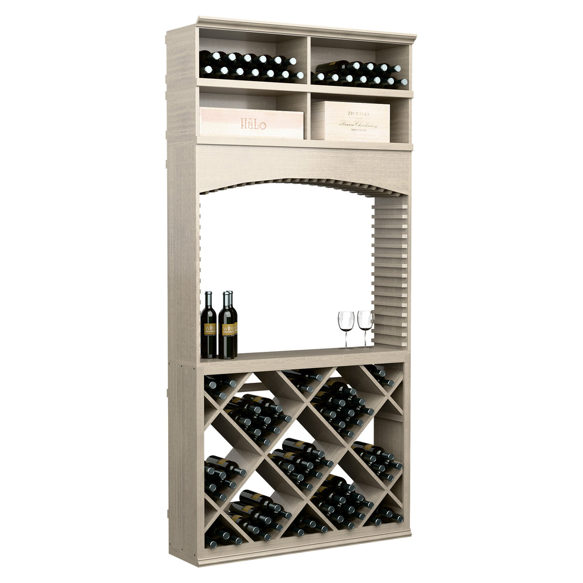 Archway wine tasting station with diamond wine bottle rack, gray wood, 8-ft