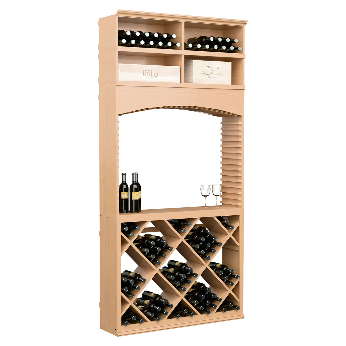 Archway wine tasting station with diamond wine bottle rack, light wood, 8-ft