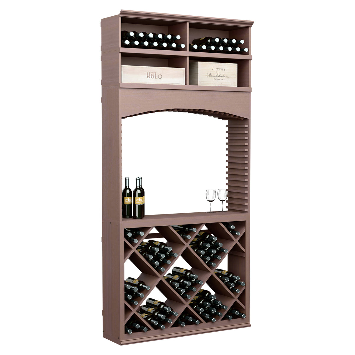 Archway wine tasting station with diamond wine bottle rack, dark wood, 8-ft
