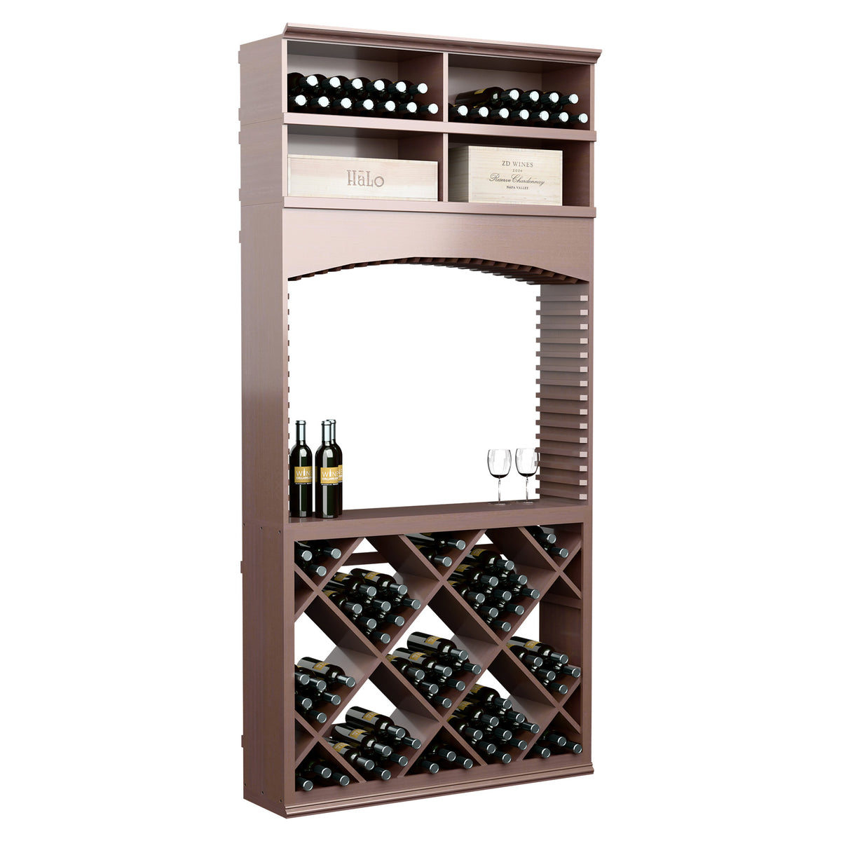 Archway wine tasting station with diamond wine bottle rack, dark wood, 8-ft