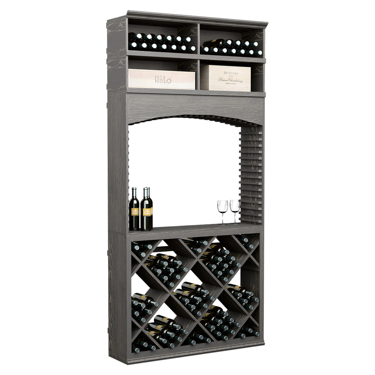 8ft wine tasting station with arch opening; dark wood bottle racks and top wine bin