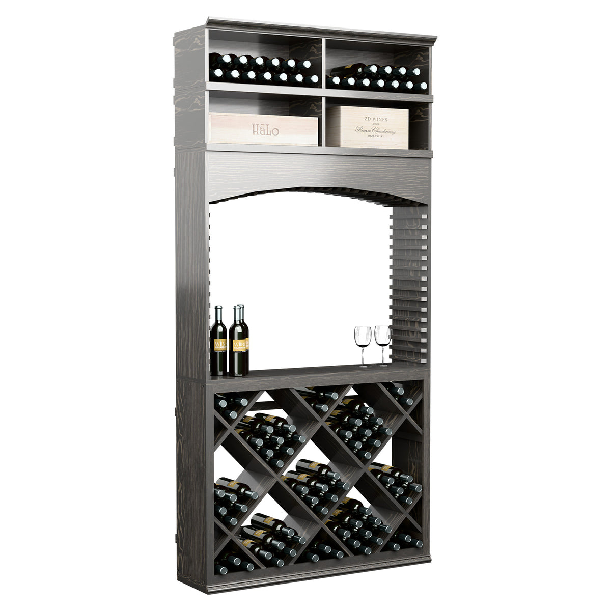 8ft wine tasting station with arch opening; dark wood bottle racks and glassware holder