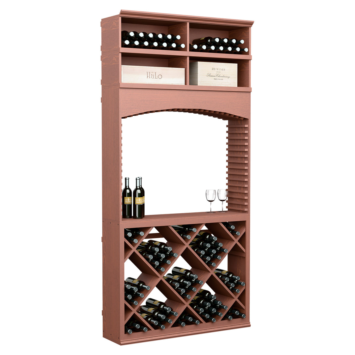 8ft wine tasting station with arch opening; reddish wood bottle racks and top wine bin