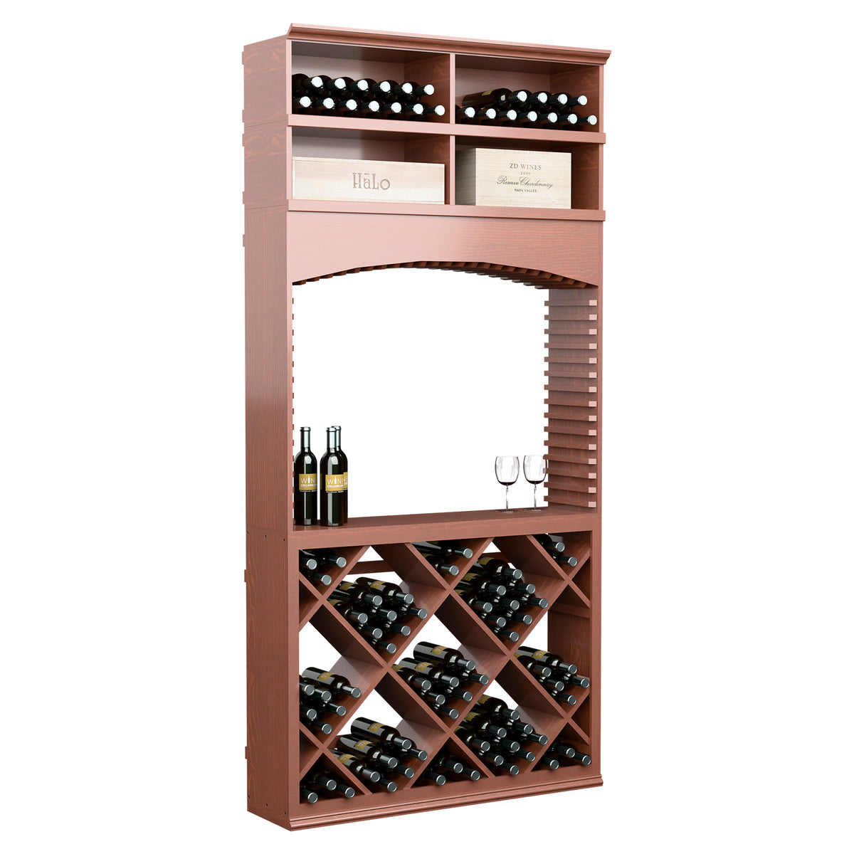 8ft wine tasting station with arch opening; reddish wood bottle racks and glassware holder