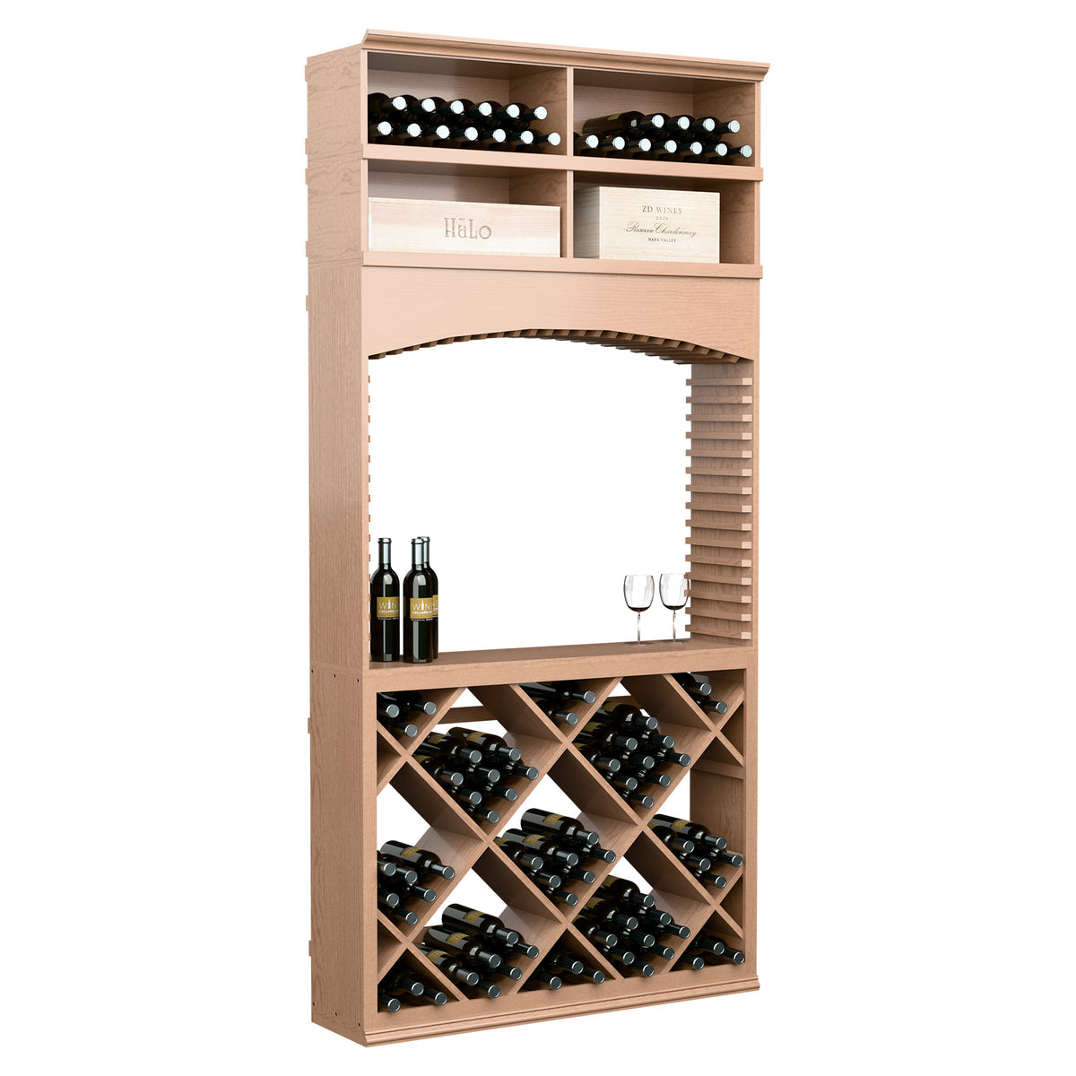 8ft wine tasting station with arch opening; light wood bottle racks and glassware holder