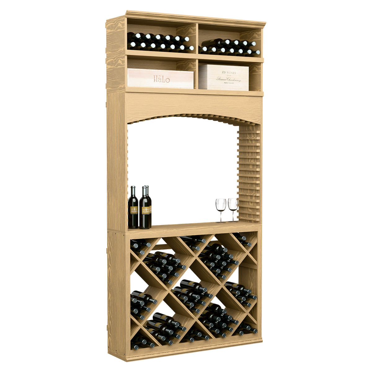 8ft wine tasting station with arch opening; pale wood bottle racks and top wine bin