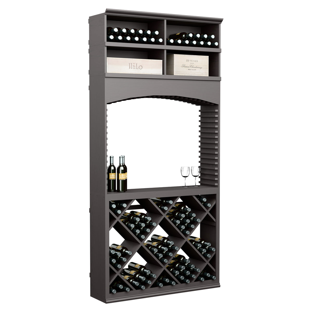 8ft wine tasting station with arch opening; dark wood bottle racks and top wine bin