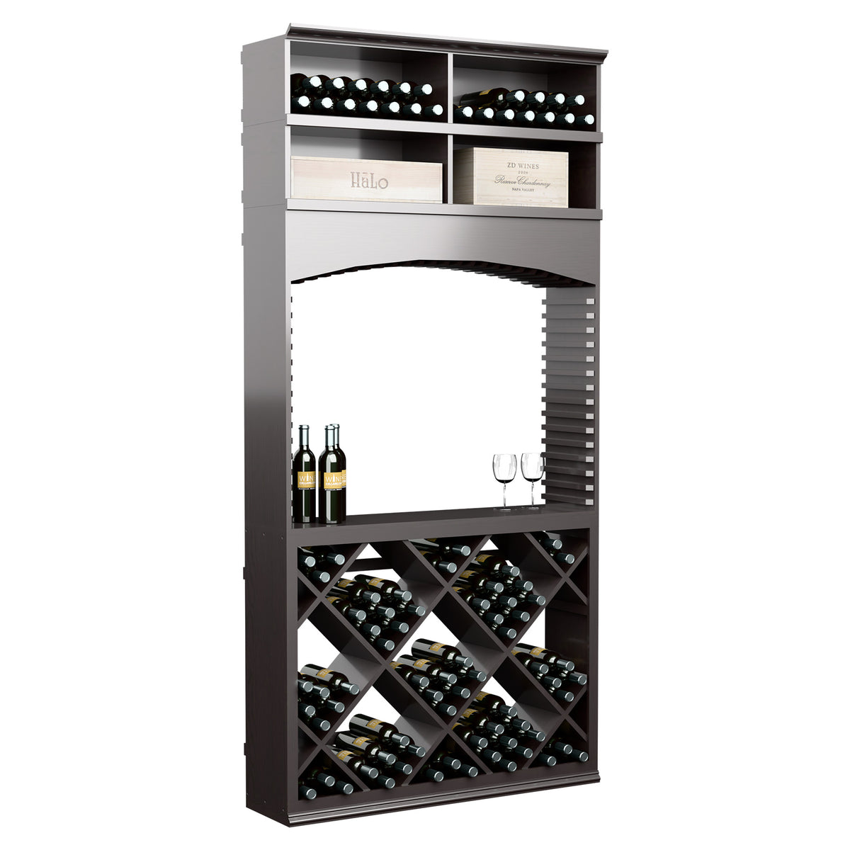 8ft wine tasting station with arch opening; dark wood bottle racks and glassware holder