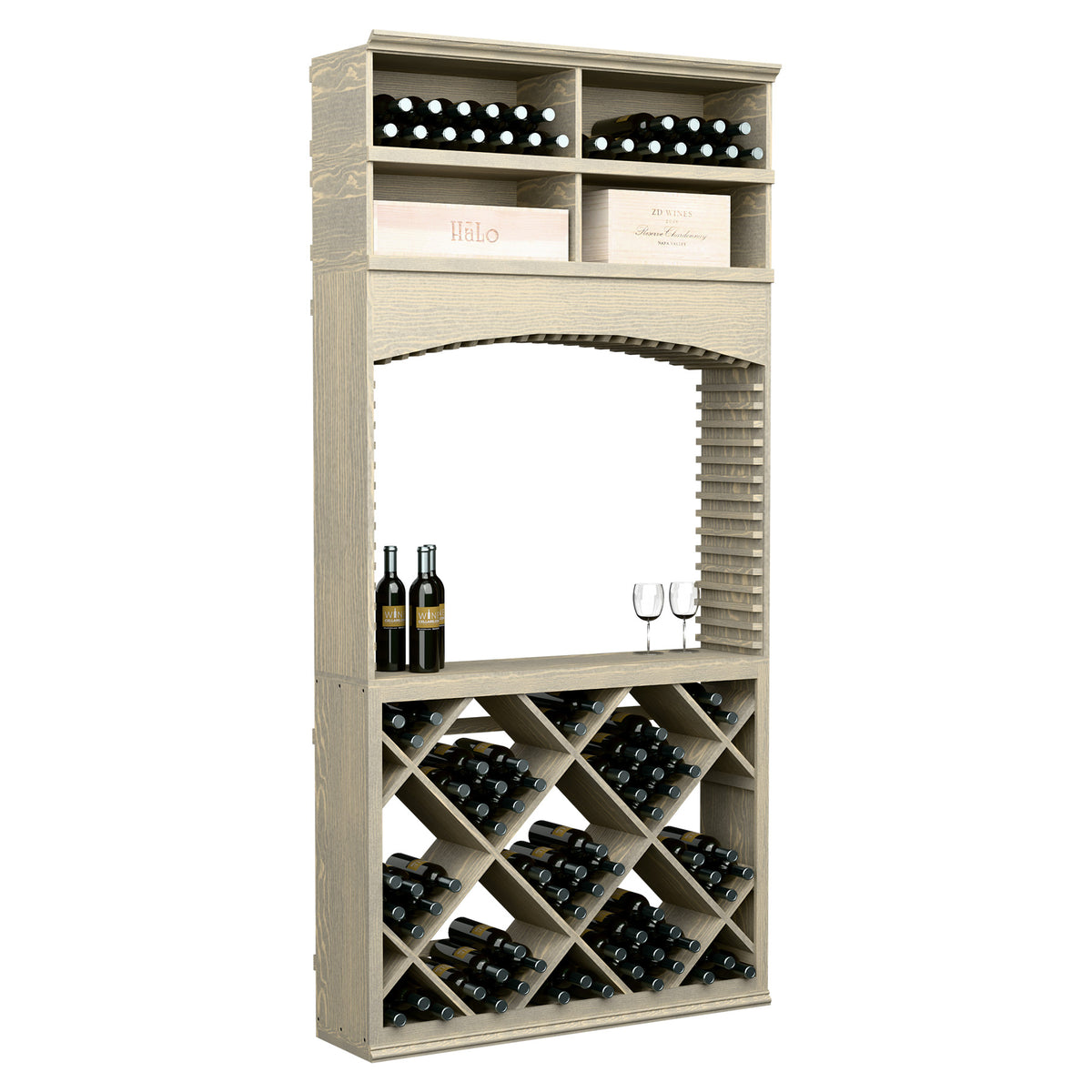 Wine tasting station with archway and bottle racks, light gray finish, display cubbies