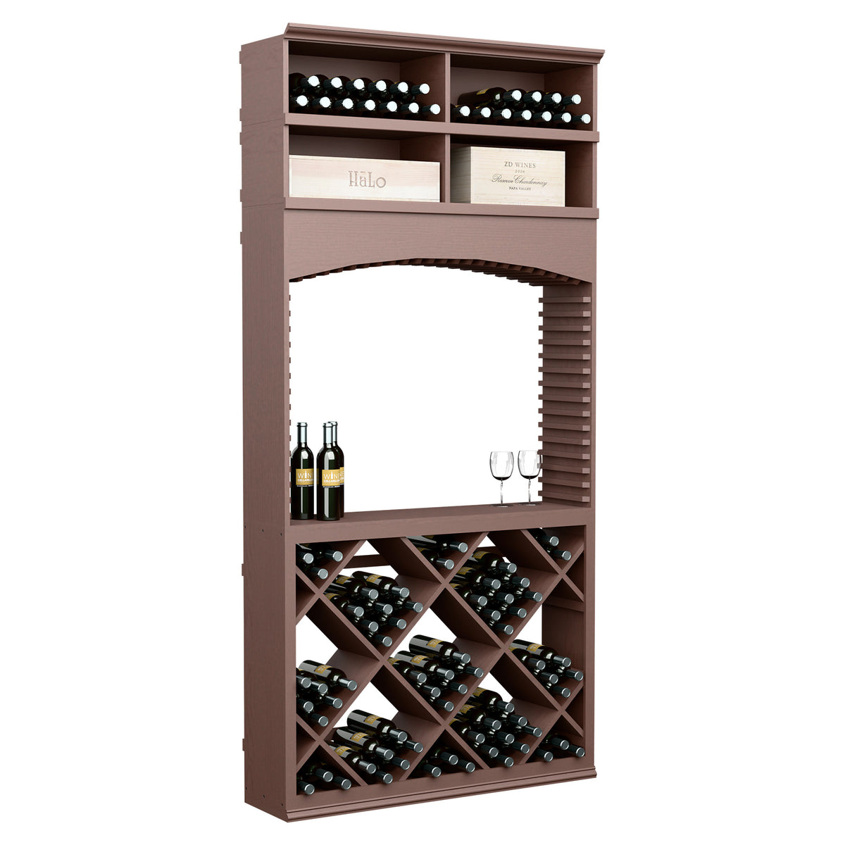 Wine tasting station with archway and bottle racks, dark brown finish, wine cubbies