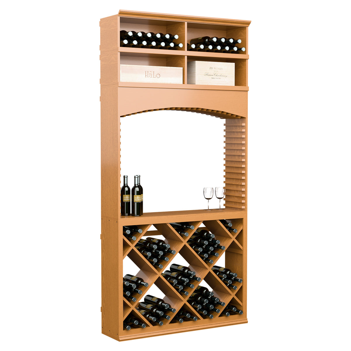 Wine tasting station with archway and bottle racks, natural wood finish, front storage
