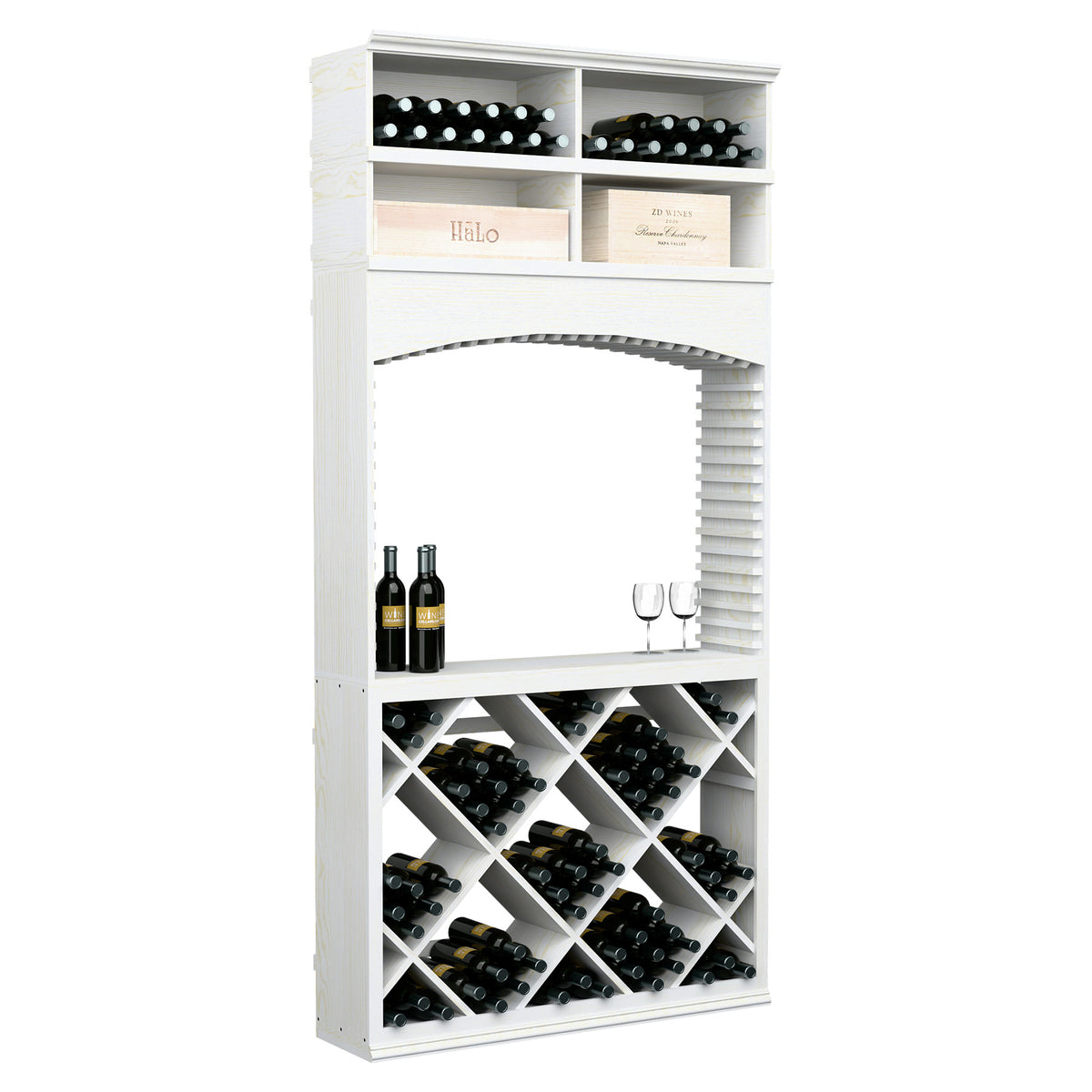 Wine tasting station with archway and bottle racks, white finish, wine cubbies