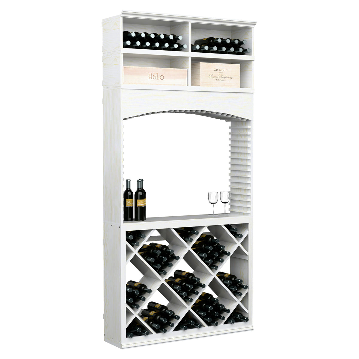 Wine tasting station with archway and bottle racks, white finish, top and middle shelves