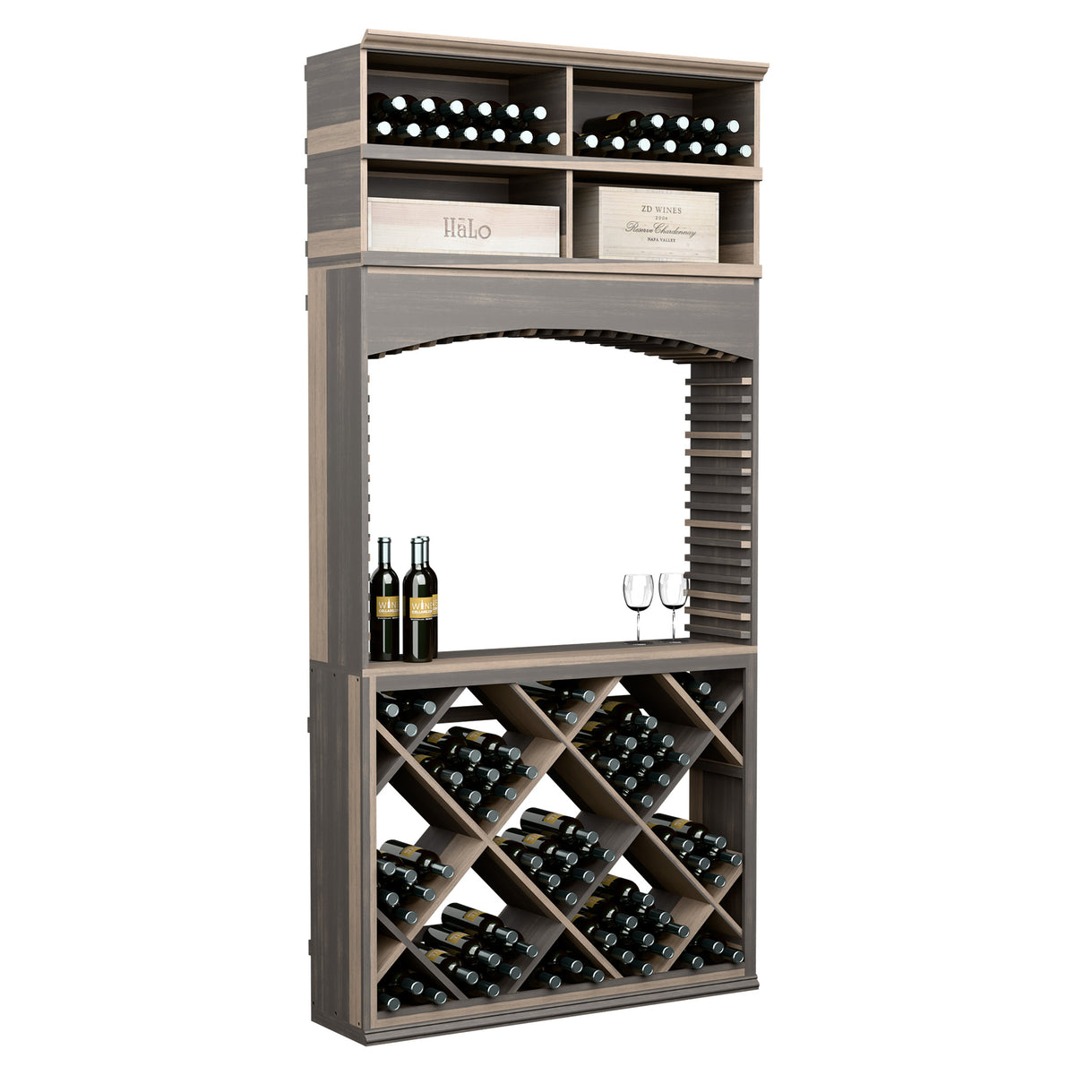 8ft wine tasting station with archway, diamond wine racks, and bottle and glass holders