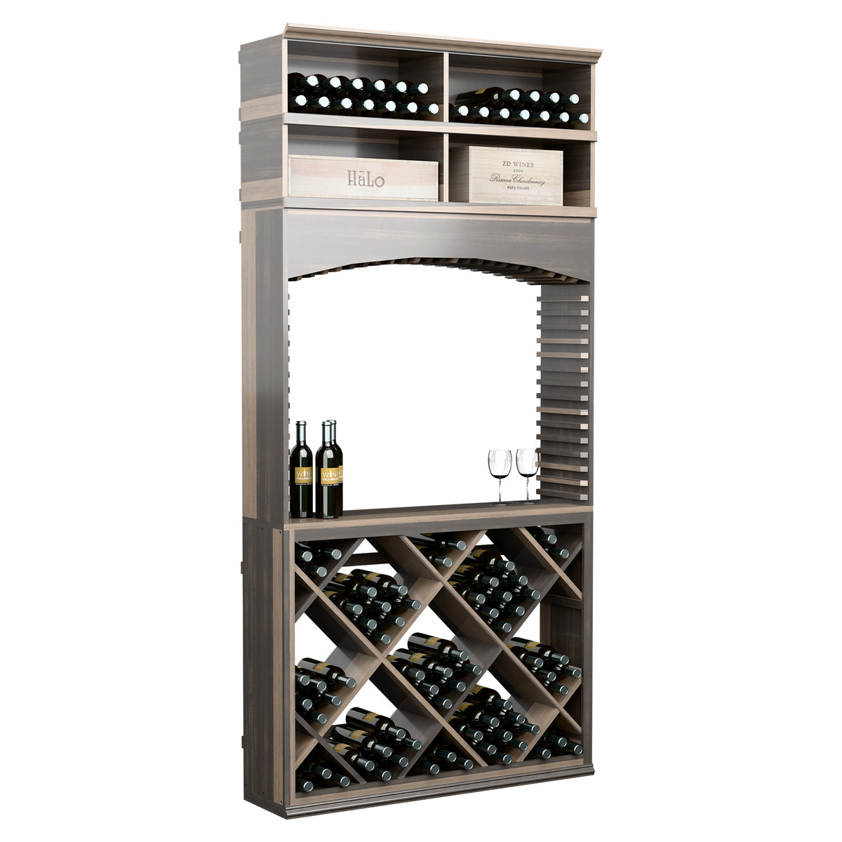 8ft wine tasting station with archway, diamond wine racks, and bottle and glass holders