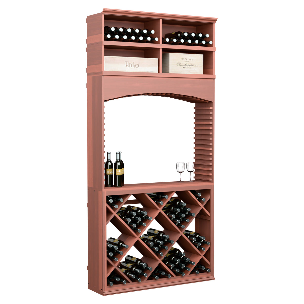 8ft wine tasting station with archway, diamond wine racks, bottle slots, and glass holders