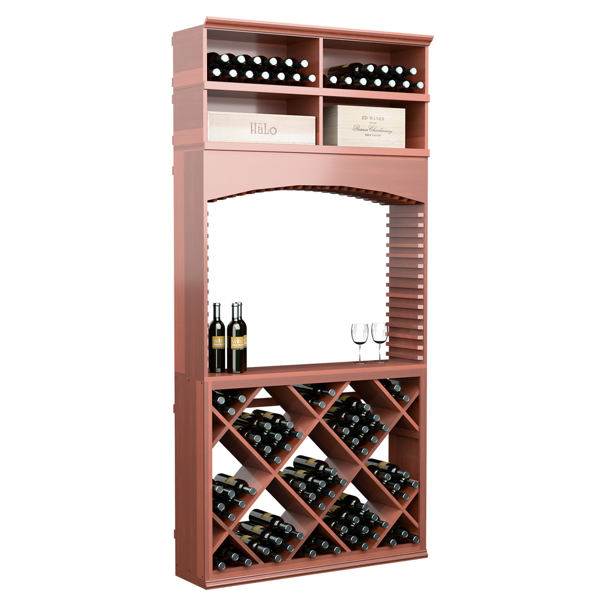 8ft wine tasting station with archway, diamond wine racks, bottle slots, and glass holders