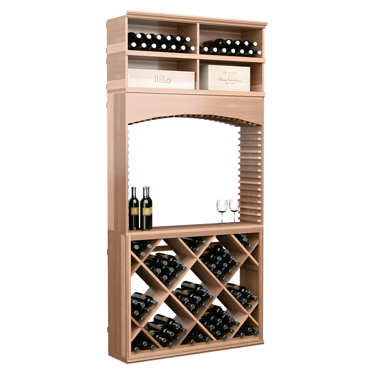 8ft wine tasting station with archway, diamond wine racks, bottle slots, and glass holders
