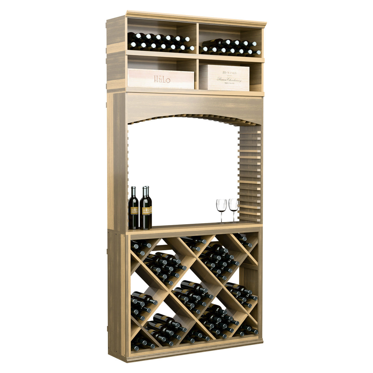 8ft wine tasting station with archway, diamond wine racks, bottle slots, and glass holders