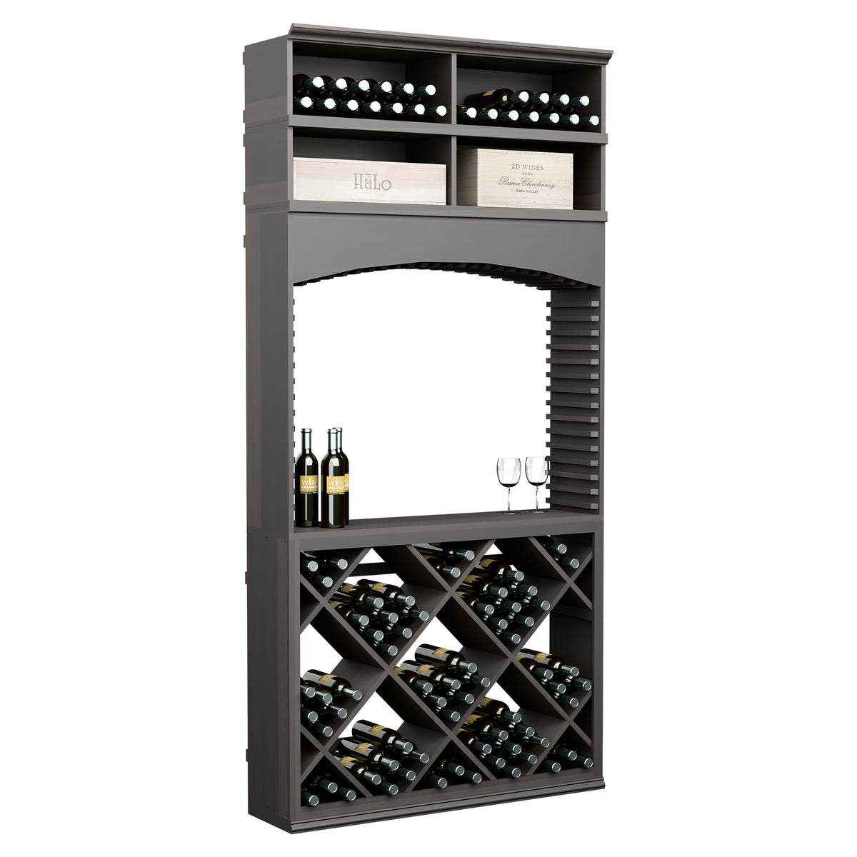 8ft wine tasting station with archway, diamond wine racks, bottle slots, and glass holders