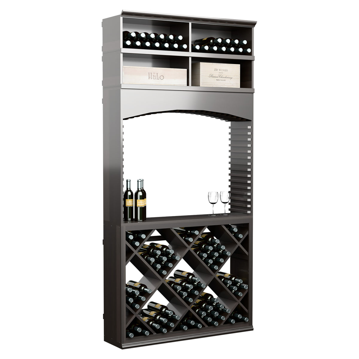 8ft wine tasting station with archway, diamond wine racks, bottle slots, and glass holders