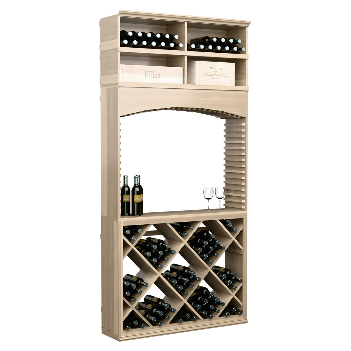 Light wood wine tasting cabinet with arched opening, top bottle holders and crisscross diamond rack